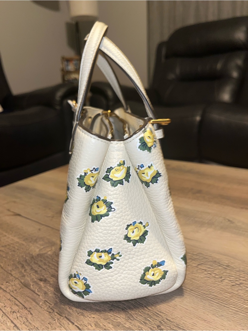 Tory Burch Pebble Leather Cream Floral Mini Satchel with Yellow & Green Accents - Picture 4 of 10